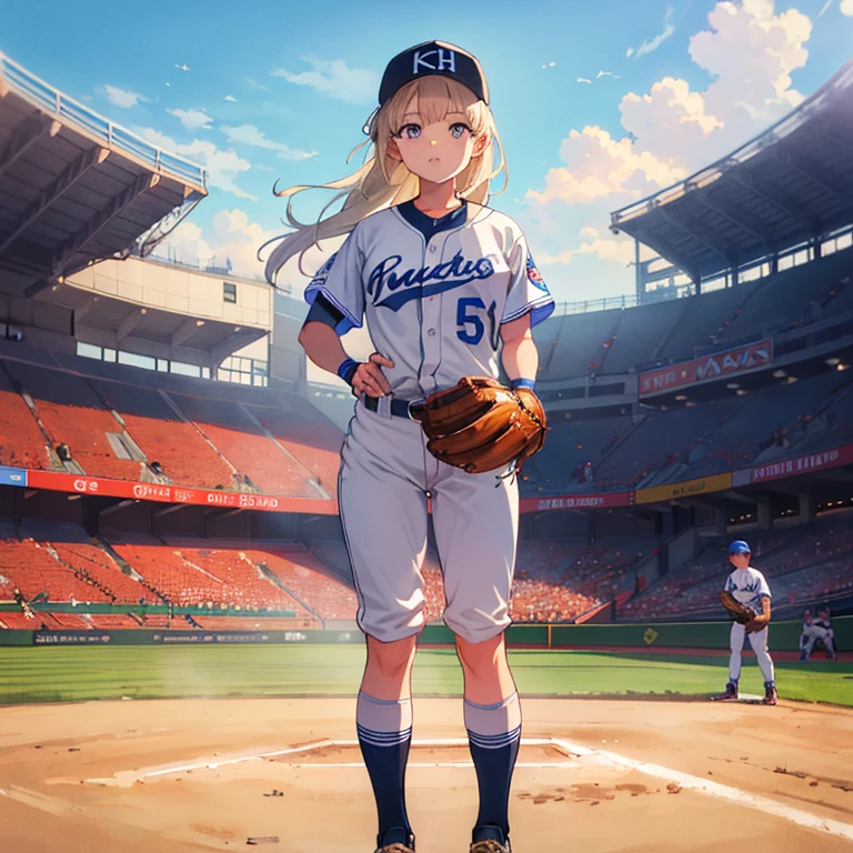 FletcherKC
,(masterpiece:1.4),(best quality:1.4), (high quality:1.4),(hyper detailed:1.4),(exquisite:1.4), art CG,8K,1girl solo,
play baseball, ,wear baseball uniform,
wear baseball hat, standing, baseball Ground,