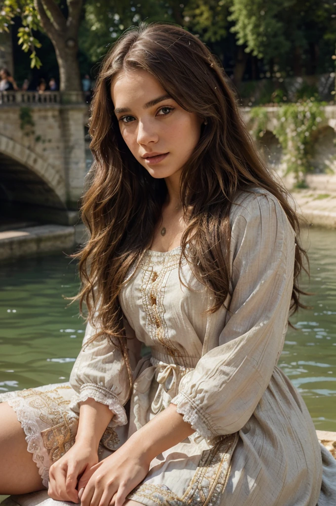 beautiful woman, long wavy brown hair, sitting by the Seine river, detailed face, beautiful eyes, detailed lips, sitting on the edge of the Seine river, exquisite ornate dress, photorealistic, high quality, 8K, realistic, detailed painting, natural lighting, warm color palette, serene atmosphere, tranquil river landscape