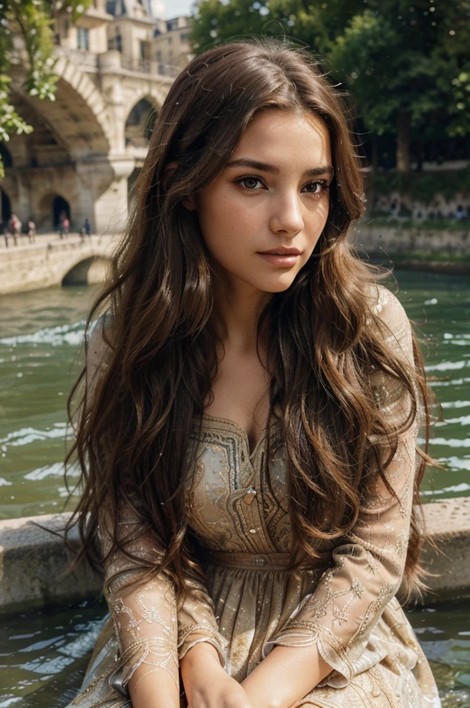 beautiful woman, long wavy brown hair, sitting by the Seine river, detailed face, beautiful eyes, detailed lips, sitting on the edge of the Seine river, exquisite ornate dress, photorealistic, high quality, 8K, realistic, detailed painting, natural lighting, warm color palette, serene atmosphere, tranquil river landscape