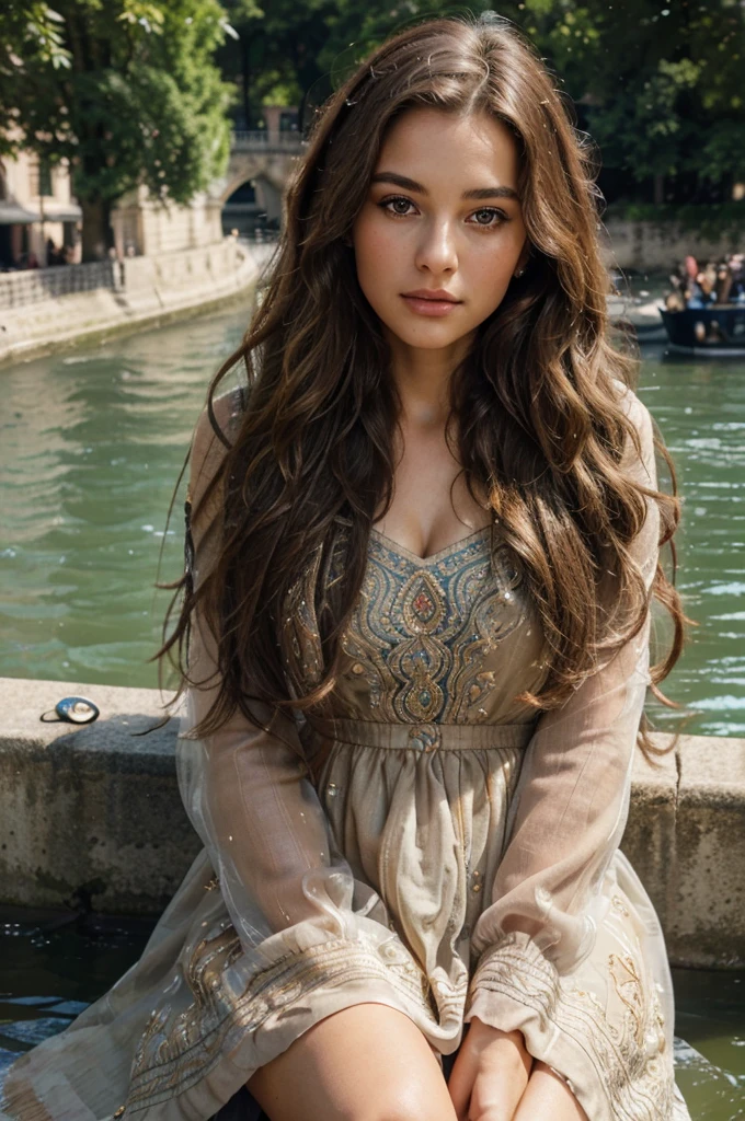 beautiful woman, long wavy brown hair, sitting by the Seine river, detailed face, beautiful eyes, detailed lips, sitting on the edge of the Seine river, exquisite ornate dress, photorealistic, high quality, 8K, realistic, detailed painting, natural lighting, warm color palette, serene atmosphere, tranquil river landscape