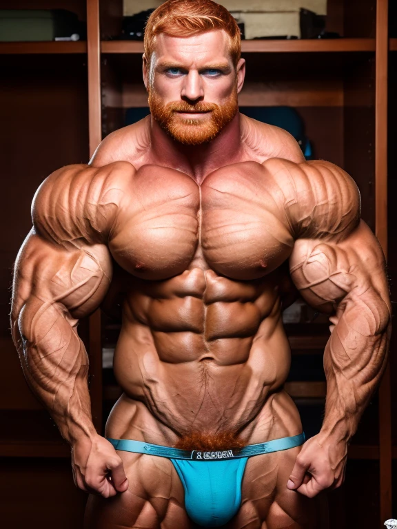 Masterpiece, denoise, void noise, one man, best quality, 8k resolution, male focus, focus only, amazing composition, volumetric lighting, super quality, elegant, Very detailed, muscular, very handsome, (((shirtless))), extremely huge muscles, rippling chest, (defined muscles:1.5), (pale skin), ((((((Caucasian man)))))), very handsome, (detailed light-blue eyes), ((messy hair)), big ears, (hairy), scruffy beard, (ginger:1.3), around 25 years old, (young:1.3), extremely big bulge in tight jockstrap