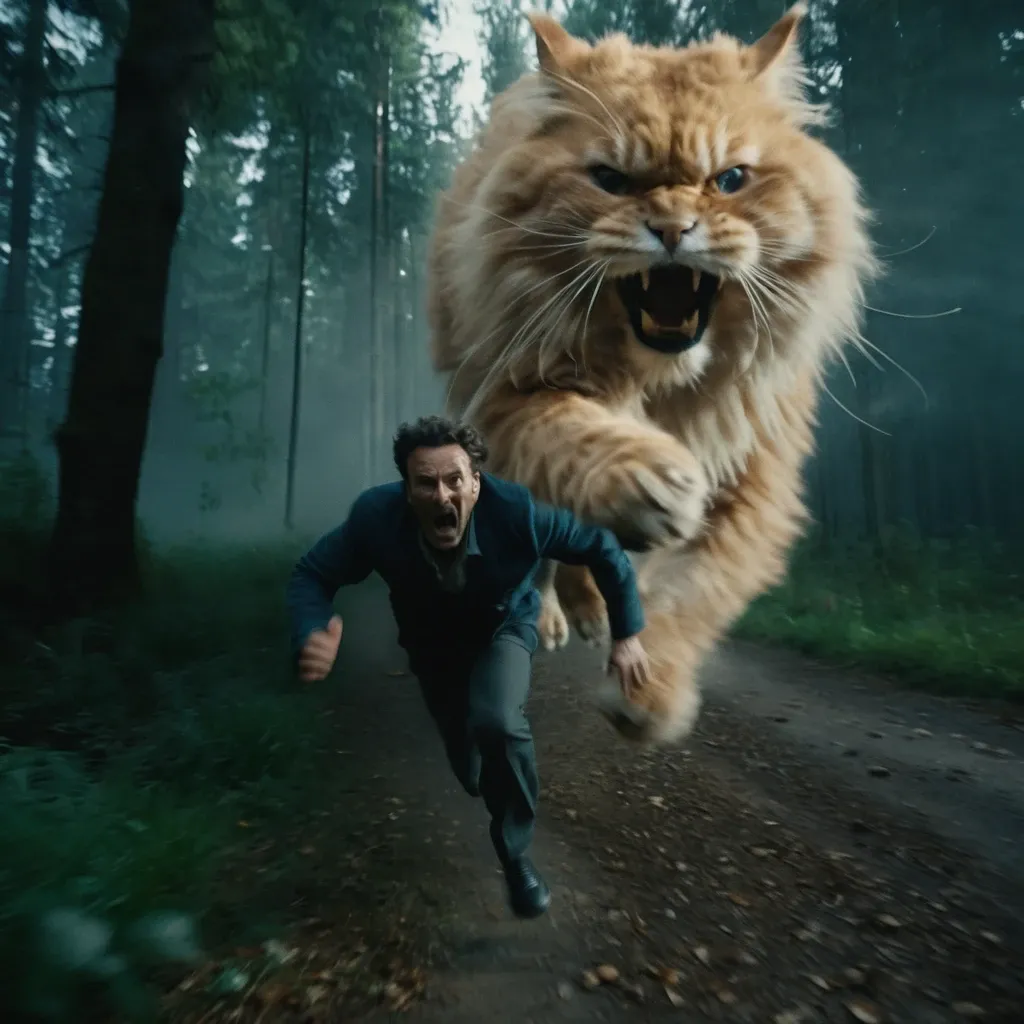 (ultra detailed), cinematic film still Cute giant cat running fast, chasing a man who is running, scared man, speed blur, smoke filled, rock splash, wide angle lens, motion blur, film lighting, Sony camera, backlighting, edge lighting, ray tracing, film grain