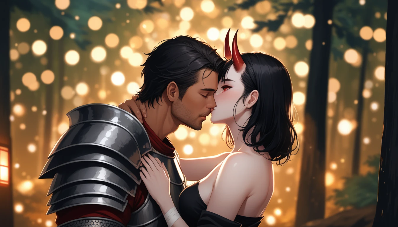 8K, RAW, best quality, masterpiece, ultra high res, colorful, portrait, (medium wide shot), (dynamic perspective), sharp focus , (depth of field, bokeh:1.3), extremely detailed eyes and face, beautiful detailed eyes,
couple, hugs, kiss, kissing, passion, love, moment,
(1man, Human, Caucasian, human Knight, plate armor, muscular, stubble, short black hair, brown eyes:1.5),
(1girl, Japanese, Oni, demon, (girl with oni horns, girl with oni red skin), slander tail, wide samurai pants, geta footwear, black tight crop top, long black hair, red eyes, breasts bandage, medium breasts:1.5),
near campfire, lean back to tree, looking at viewer, facing viewer, right side view, forest background, dark forest, night time