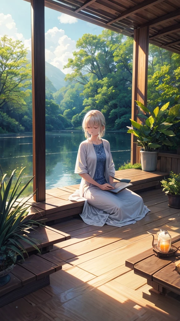 Represent a calming scene with someone meditating in a peaceful setting, or journaling with a cup of herbal tea. Include elements like a calming background, soft lighting, and serene expressions.