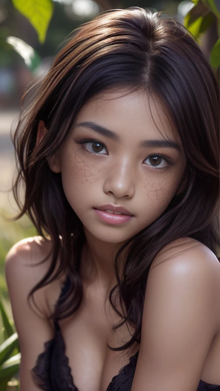 (portrait, editorial photograph of a beautiful asian girl, adorable face, freckles,  long brown curly hair, hazel eyes, by lee jeffries, nikon d850, film stock photograph ,4 kodak portra 400 ,camera f1.6 lens ,rich colors ,hyper realistic ,lifelike texture, dramatic lighting, (highly detailed face:1.4), perfect eyes, realistic iris, perfect teeth, (smile:0.7), (background dark, shadow of the leaves, moody, cleavage), sun rising, early morning light, Wishing for something, masterpiece, best quality, photorealistic, Citizen of Guinea-Bissau, very cute super model, perfect anatomy, skinny
