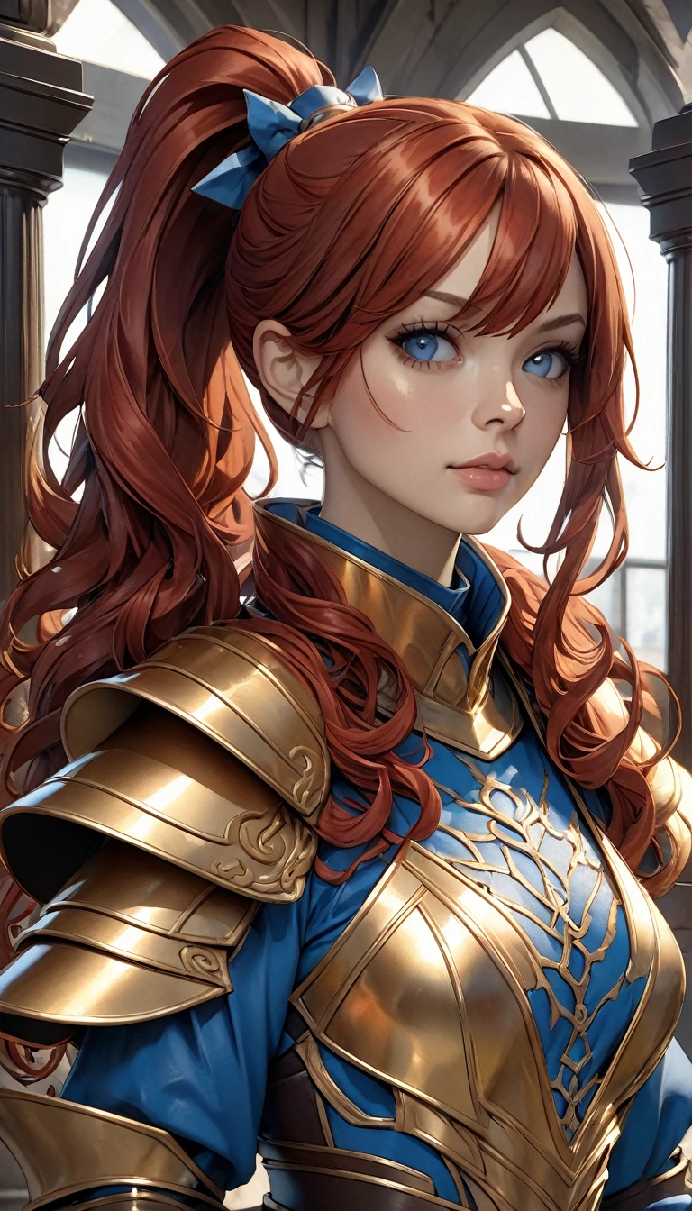 (8k, RAW Photos, Highest quality, masterpiece:1.2), (Realistic, photo-Realistic:1.4), (extremely detailed CG unity 8k wallpaper), Full Body (Villain:1.1) Woman wearing gold (Leather Armor:1.3), Stitched, Worn Armor, (Very detailed:1.5), money and (white:1.5), Concept art portrait by Greg Rutkowski, ArtJam, Popular on Artstation、Super detailed and intricate gothic art, Fantasy, Intricate details, (Small blue highlights:1), (Redhead, Wavy Hair, High Ponytail: 1.4)