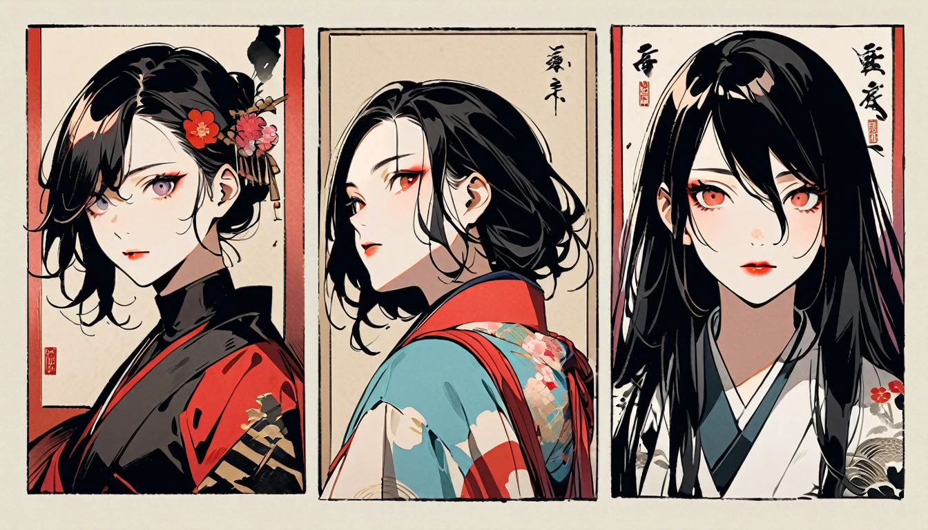 (((Ink Painting))), Fashion portrait color photos, (((1 girl))), (((Flashy makeup))), (((woman))), (((warrior))), (((Izanami))), Japan人の美少女, Black Hair, Delicate and precise, Modern ukiyo-e style,Japan, Japanese flag