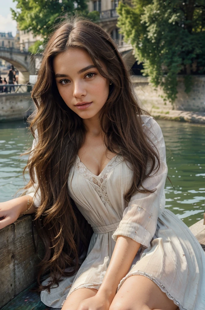 beautiful woman, long wavy brown hair, sitting by the Seine river, detailed face, beautiful eyes, detailed lips, sitting on the edge of the Seine river, exquisite dress, photorealistic, high quality, 8K, realistic, detailed painting, natural lighting, warm color palette, serene atmosphere, tranquil river landscape