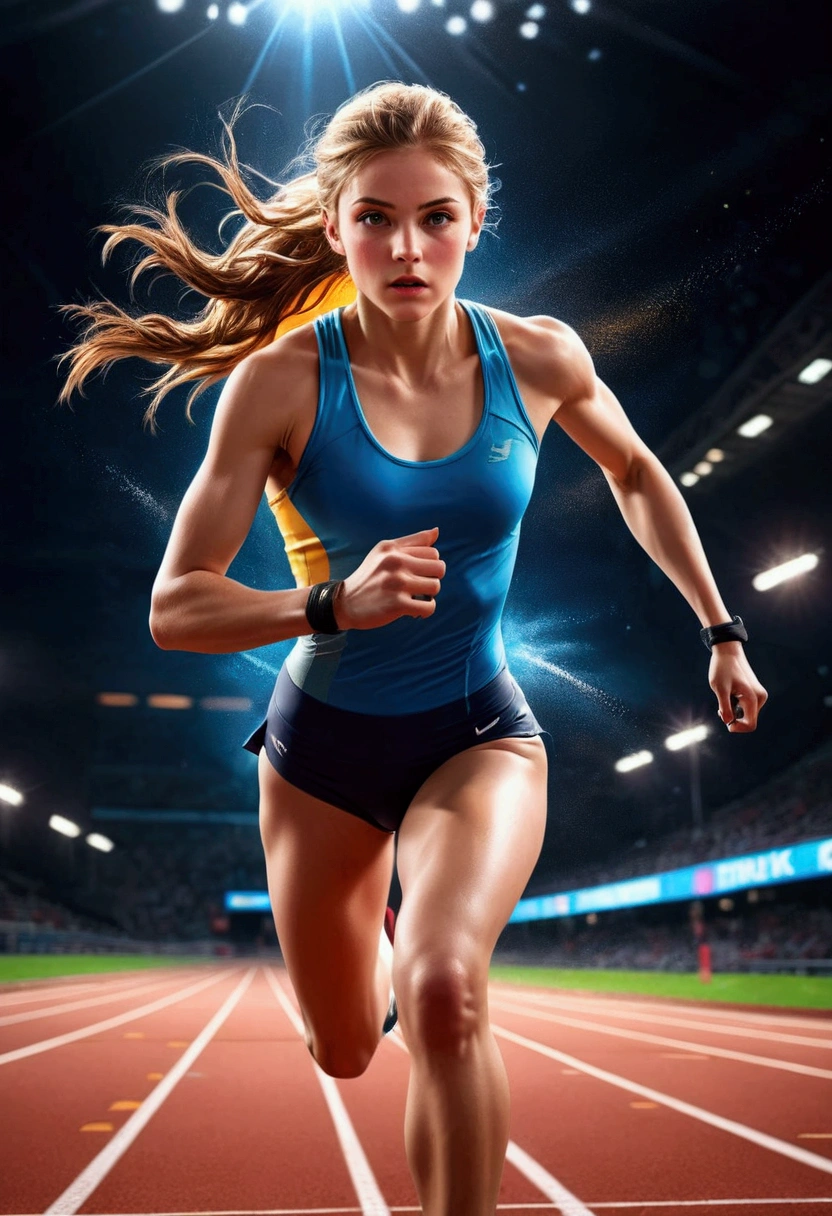 1girl, sports photography, The athlete runs on the track, dynamic sports action, high energy, athlete in motion, dramatic lighting, high contrast, vivid colors, cinematic composition, extreme detail, (4k, 8k, highres:1.2), ultra-detailed, HDR, UHD, studio lighting, ultra-fine painting, sharp focus, physically-based rendering, extreme detail description, professional, vivid colors, bokeh, masterpiece, best quality, very aesthetic, absurdres