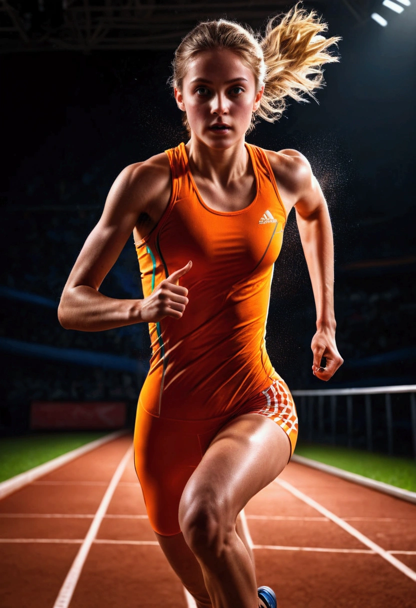 1girl, sports photography, The athlete runs on the track, dynamic sports action, high energy, athlete in motion, dramatic lighting, high contrast, vivid colors, cinematic composition, extreme detail, (4k, 8k, highres:1.2), ultra-detailed, HDR, UHD, studio lighting, ultra-fine painting, sharp focus, physically-based rendering, extreme detail description, professional, vivid colors, bokeh, masterpiece, best quality, very aesthetic, absurdres
