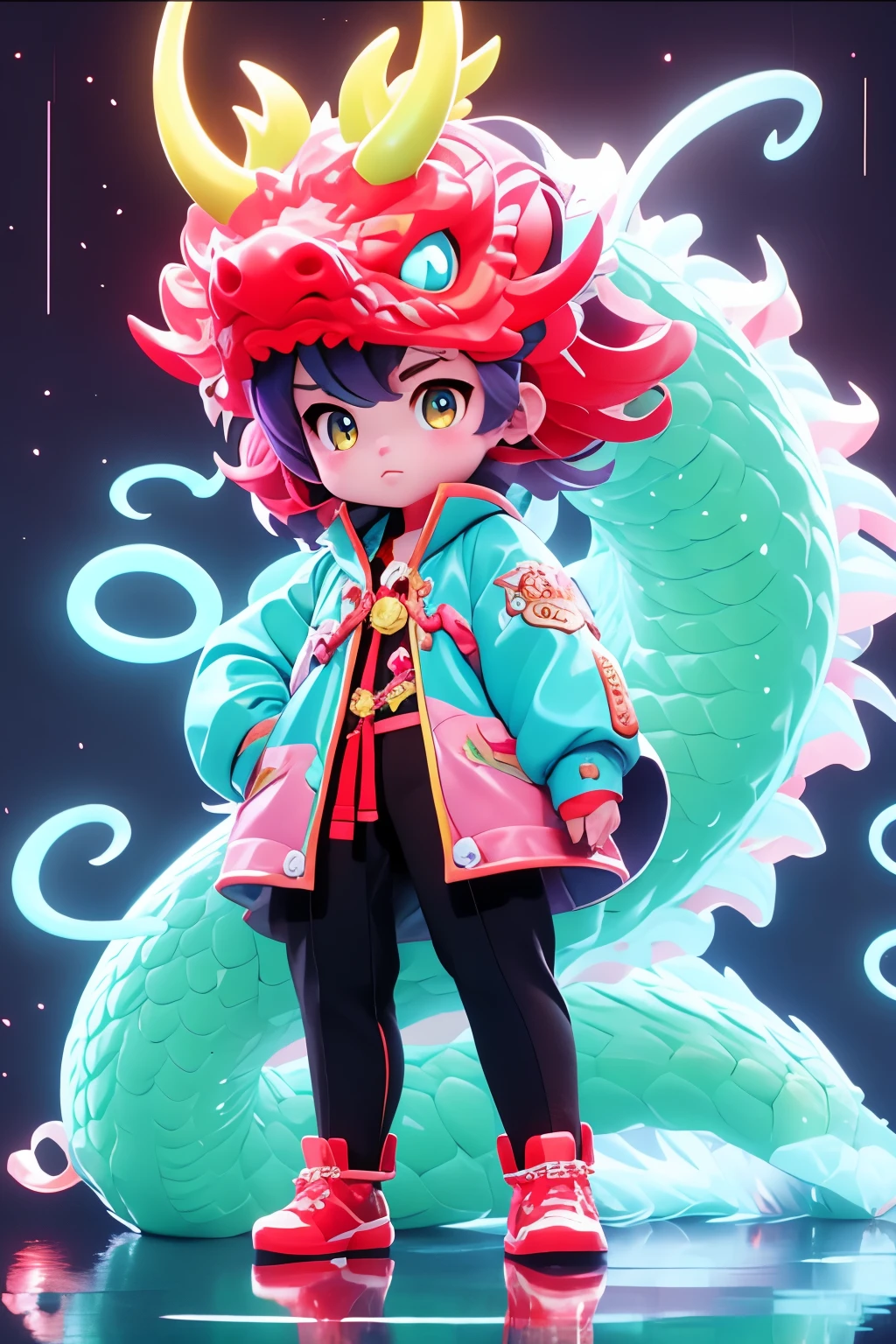 masterpiece,best quality,blue crystal shining Dragon,in the style of kawacy,shiny eyes,(loli：1.2),(petite:1.2),Pink hair,Yellow eyes, (red Jacket),high ponytail,white collared shirt,hair flower,fipped hair,floating hair,Frown,hands in pockets,black dress,red bowtie,(solo),snake head,turquoise