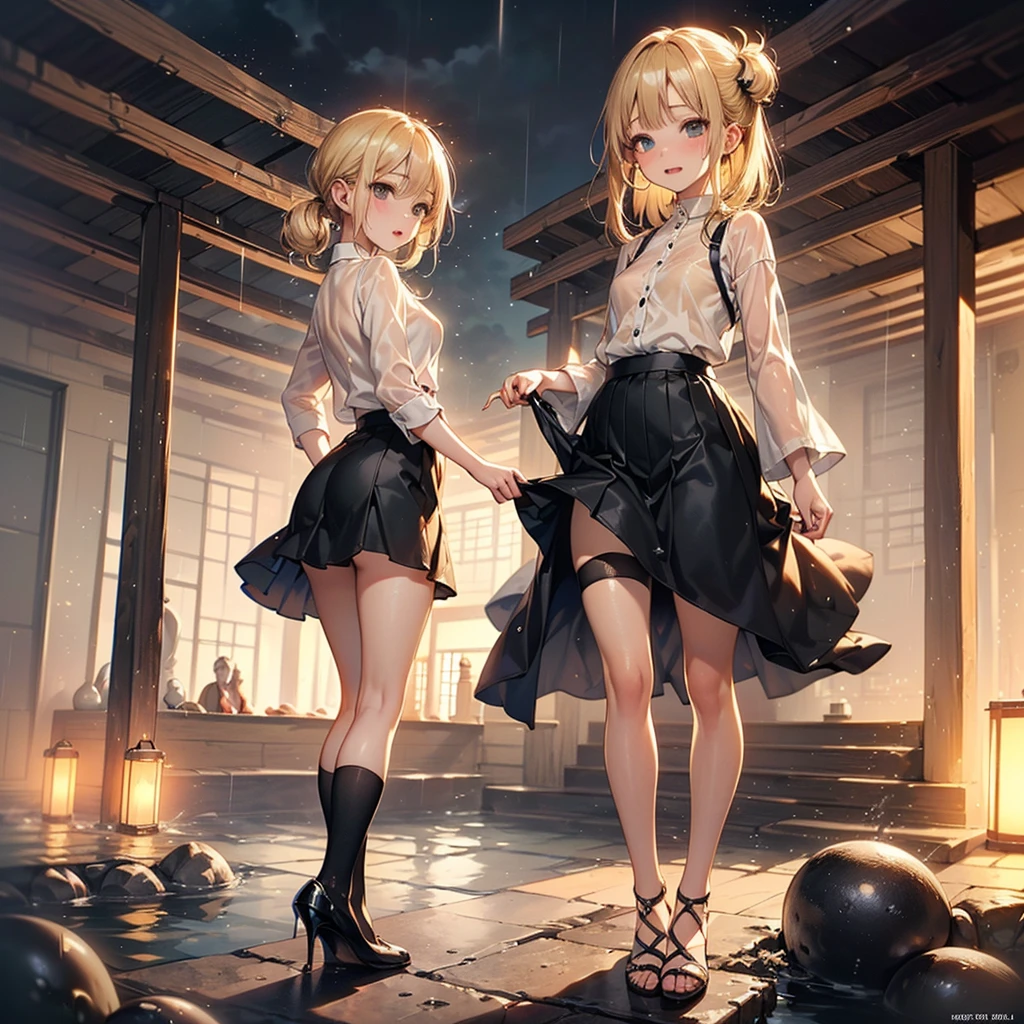 ((Biologically correct limb count)),(( From head to toe,Full-body photo including face)),8k,4K,((Standing position)),masterpiece,((Focus on the face)),((Symmetrical facial features)),Eyes with detailed description,Beautiful woman,Great style,(Small Ass,Thin thighs,(Black Stockings,High heels)),Detailed depiction of the face,(OL,Long Flared Skirt,(rain,Lightning strikes,splashes rise),((Blonde)),Focus on the face,Dripping Water,Fantasy,(See-through clothing),Fluttering skirt,(The background is the bathhouse from Spirited Away)