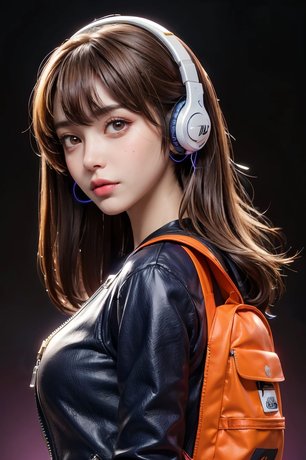 (front view:1.4), close-up portrait, (1girl:1.5) looking to the camera, 30 year old, weight 60kg body size, solo, headphones on her neck, orange army spacesuit, bangs, brown(long hair:1.2), bag, blurry_background, purple neon light, backpack, zipper, urban techwear, outfit, 