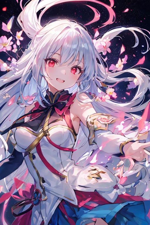 A beautiful young girl with long, shiny silver hair, gradients in her hair, red eyes that sparkle and shine, showing her teeth in a big, bright smile, flowers in her hair, backlit with a glowing, gradient effect, anime-style illustration, high resolution, detailed, photorealistic