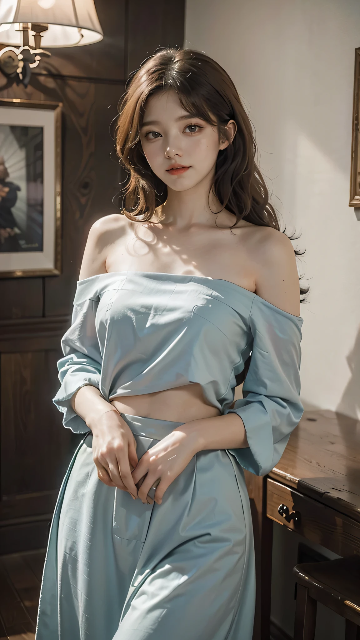 detailed background, masterpiece, best quality, 1 person , curly hair, long hair, purple eyes, star in eye ,lime green Strapless blouse, long skirt, looking at viewer, wooden furniture behind, indoor , sexy, sexy poses