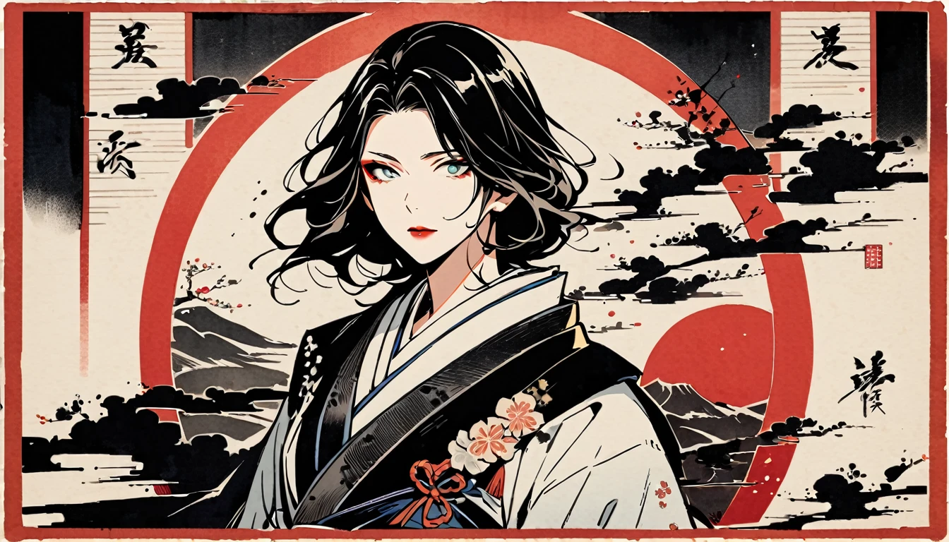 (((Ink Painting))), (((1 girl))), (((Flashy makeup))), (((woman))), (((warrior))), (((Izanami))), Japan刀, Black Hair, Delicate and precise, Modern ukiyo-e style,Japan, Japanese flag