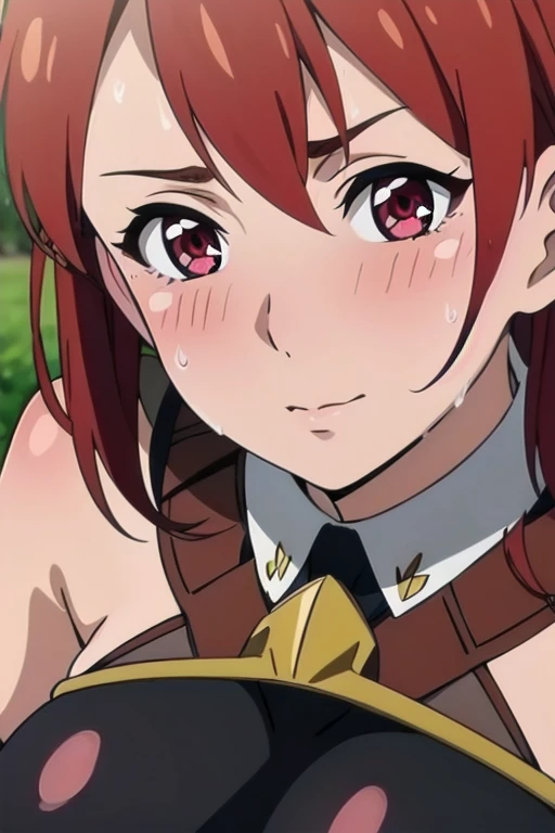 Cecily Campbell, big breasts, armor, breastplate, red hair, red eyes, 1girl, solo, looking at the viewer, upper body, aroused facial expression, blush, sweat, outdoors, close-up, blurry background