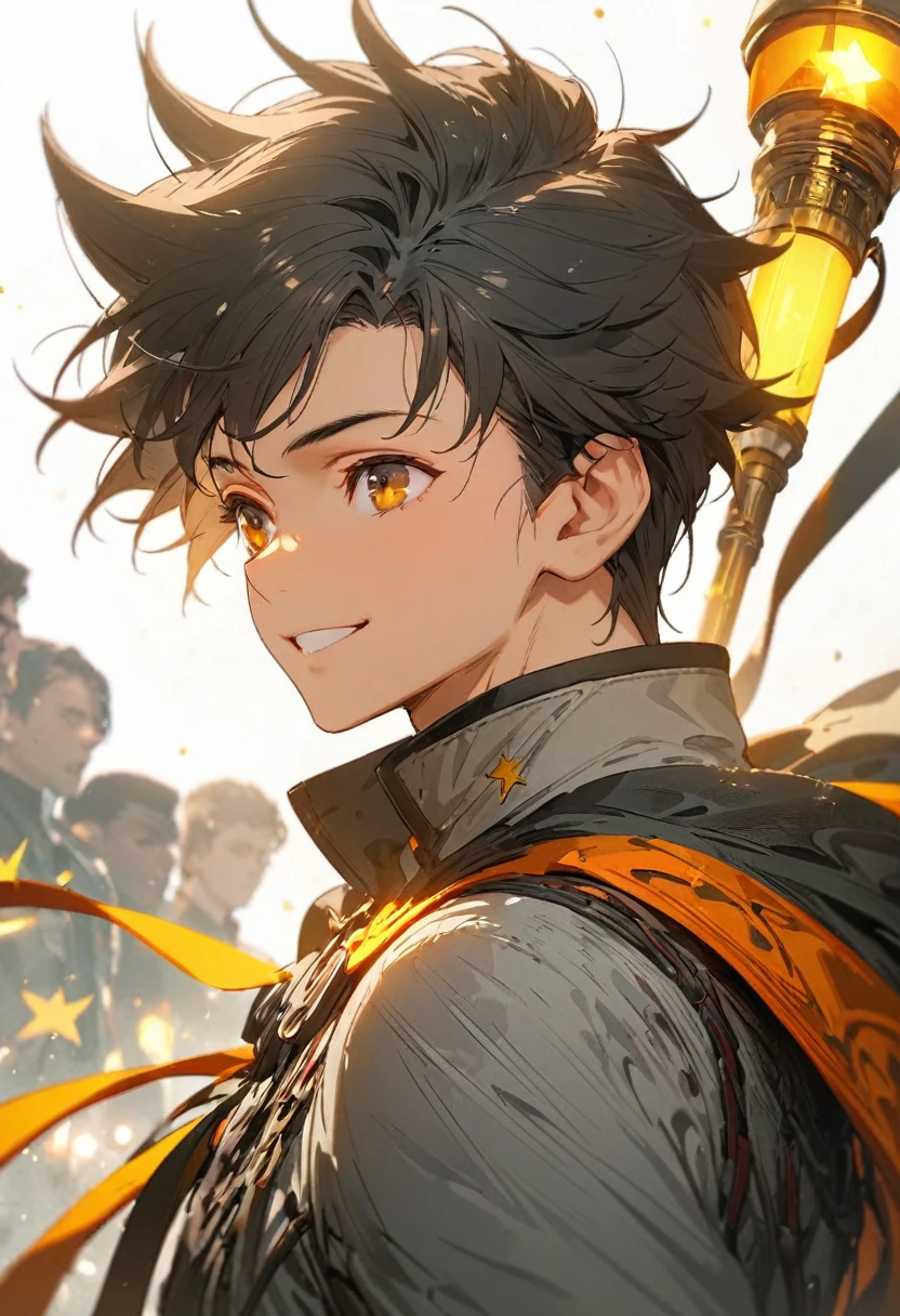 1.5, best quality, high quality, High definition, High quality texture, high detail, beautiful detailed, finely detailed, extremely detailed cg, detailed texture, 1man, boy, male, ((beacon of hope)), cape, superhero attire, black main color of suit, yellow star in the middle, blue and red accents, starman, black hair, kind smile, close up, portrait
