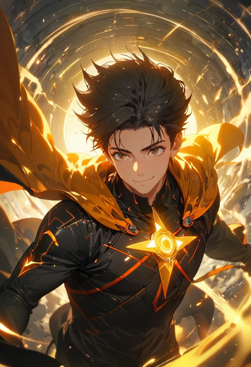 1.5, best quality, high quality, High definition, High quality texture, high detail, beautiful detailed, finely detailed, extremely detailed cg, detailed texture, 1man, boy, male, ((beacon of hope)), cape, superhero attire, black main color of suit, yellow star in the middle, blue and red accents, starman, black hair, kind smile, close up, portrait