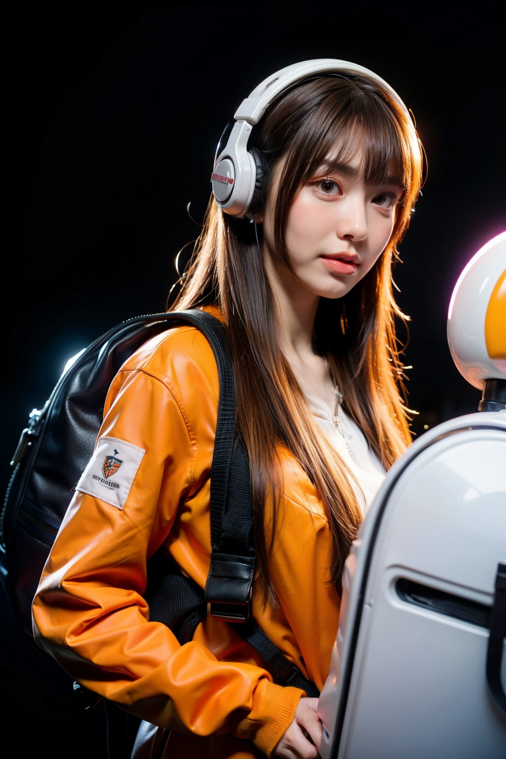 (front view:1.4), close-up portrait, (1girl:1.5) looking to the camera, 30 year old, weight 60kg body size, solo, headphones on her neck, orange army spacesuit, bangs, brown(long hair:1.2), bag, blurry_background, purple neon light, backpack, zipper, urban techwear, outfit,
