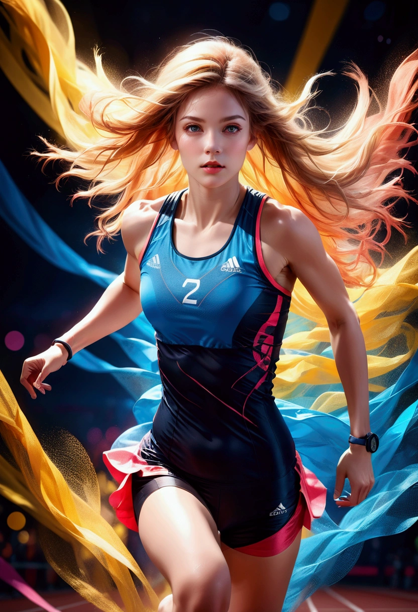 1girl, sports photography, The athlete runs on the track, dynamic sports action, high energy, athlete in motion, dramatic lighting, high contrast, vivid colors, cinematic composition, extreme detail, (4k, 8k, highres:1.2), ultra-detailed, HDR, UHD, studio lighting, ultra-fine painting, sharp focus, physically-based rendering, extreme detail description, professional, vivid colors, bokeh, masterpiece, best quality, very aesthetic, absurdres