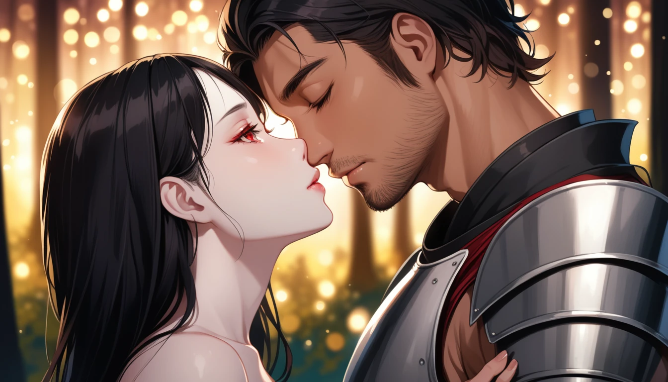 8K, RAW, best quality, masterpiece, ultra high res, colorful, portrait, (medium wide shot), (dynamic perspective), sharp focus , (depth of field, bokeh:1.3), extremely detailed eyes and face, beautiful detailed eyes,
couple, hugs, kiss, kissing, passion, love, moment,
(1man, Human, Caucasian, human Knight, plate armor, muscular, {horns, demon:1.5}, (pale skin), stubble, short black hair, brown eyes:1.5),
(1girl, Japanese, Oni, demon, (tanned skin, red skin), slander tail, wide samurai pants, geta footwear, black tight crop top, long black hair, red eyes, breasts bandage, medium breasts:1.5),
near campfire, lean back to tree, looking at viewer, facing viewer, right side view, forest background, dark forest, night time