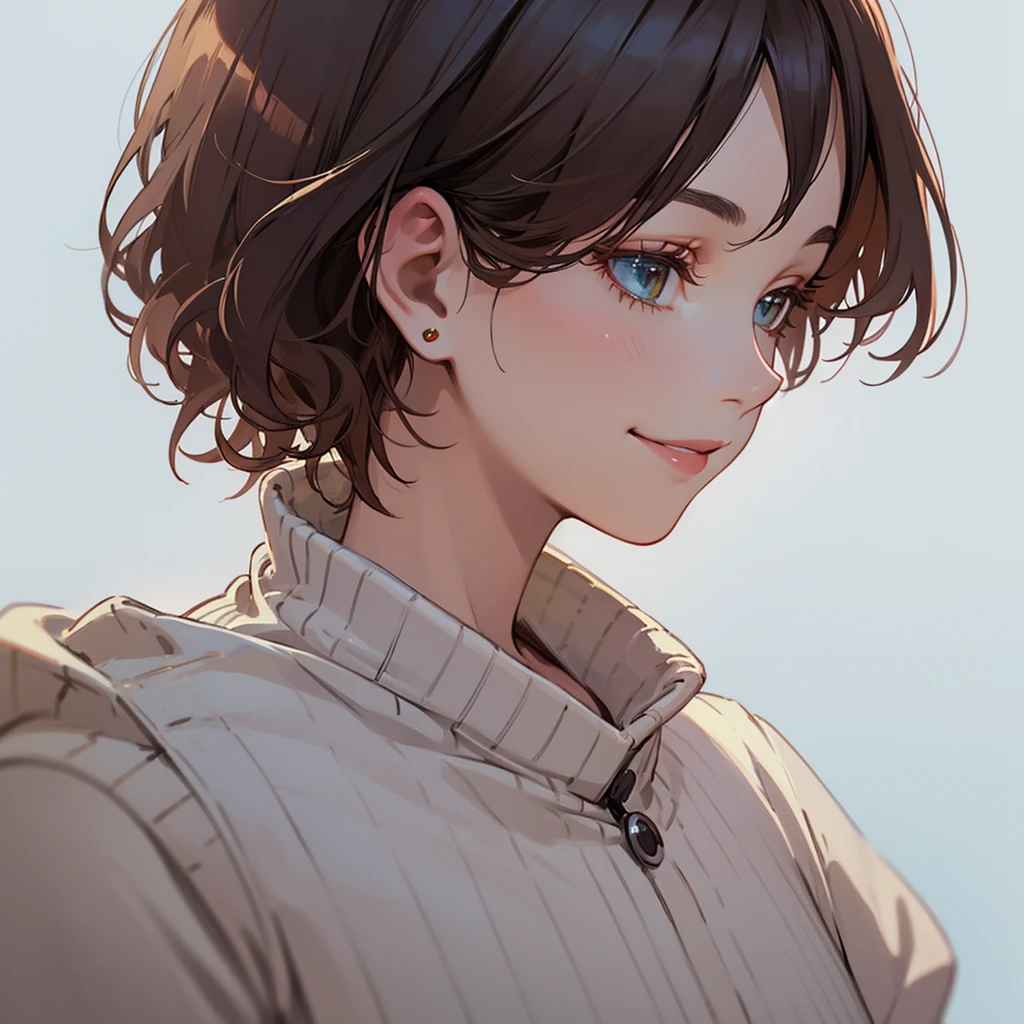 1 mature woman, white sweater, 40’s, realistic, high quality, masterpiece, HD, brown bobcut hair, smile
BREAK
bust shot, from side, smile
BREAK
simple white background,
