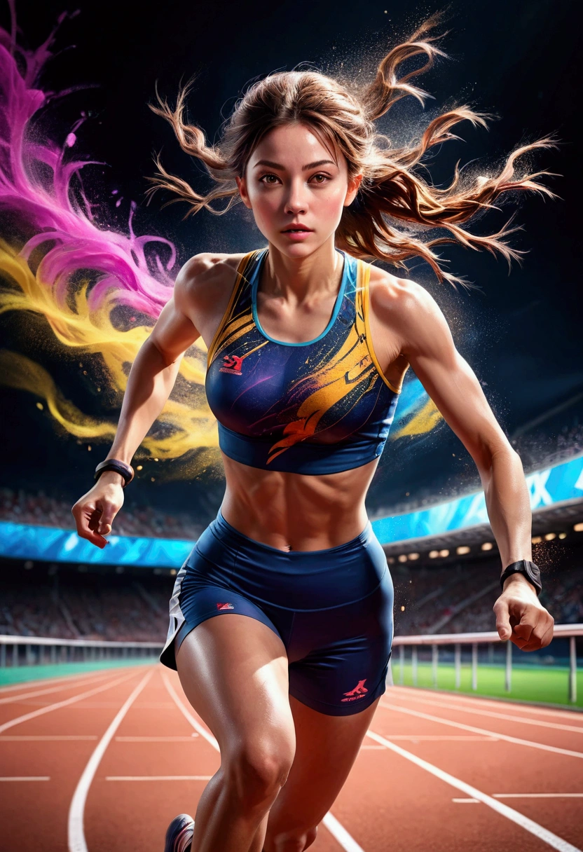 1girl, sports photography, The athlete runs on the track, dynamic sports action, high energy, athlete in motion, dramatic lighting, high contrast, vivid colors, cinematic composition, extreme detail, (4k, 8k, highres:1.2), ultra-detailed, HDR, UHD, studio lighting, ultra-fine painting, sharp focus, physically-based rendering, extreme detail description, professional, vivid colors, bokeh, masterpiece, best quality, very aesthetic, absurdres