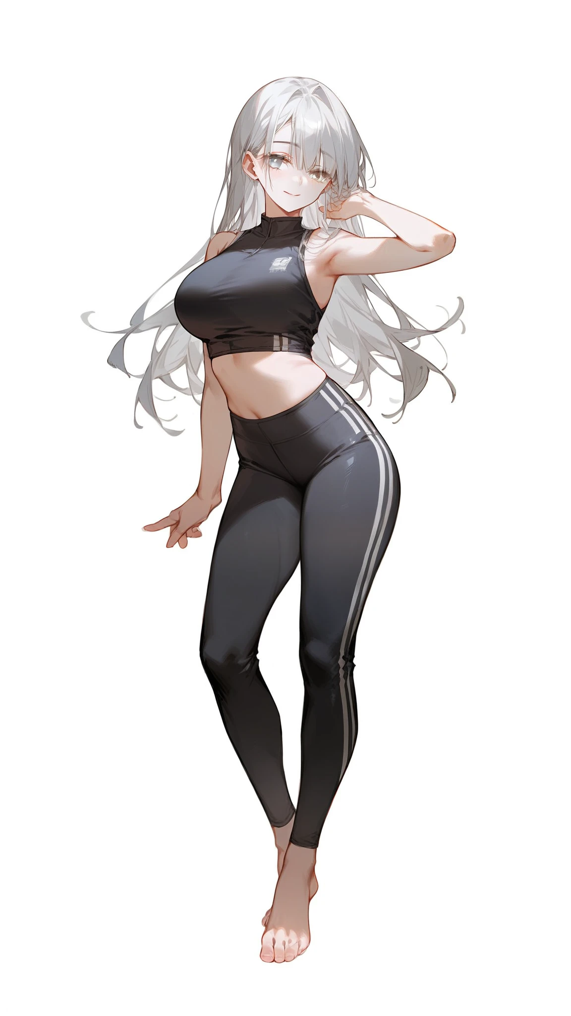 Beautiful girl with long white hair, Gray hair embellishment, And lovely features, Eyes partially covered by bangs, Large Breasts, Squint, Long bangs cover one eye, Wearing a black tight vest, Yoga Pants，Full body standing, Posing with a gentle smile (Hands behind back pose) White background，Visible in right eye，Full body standing