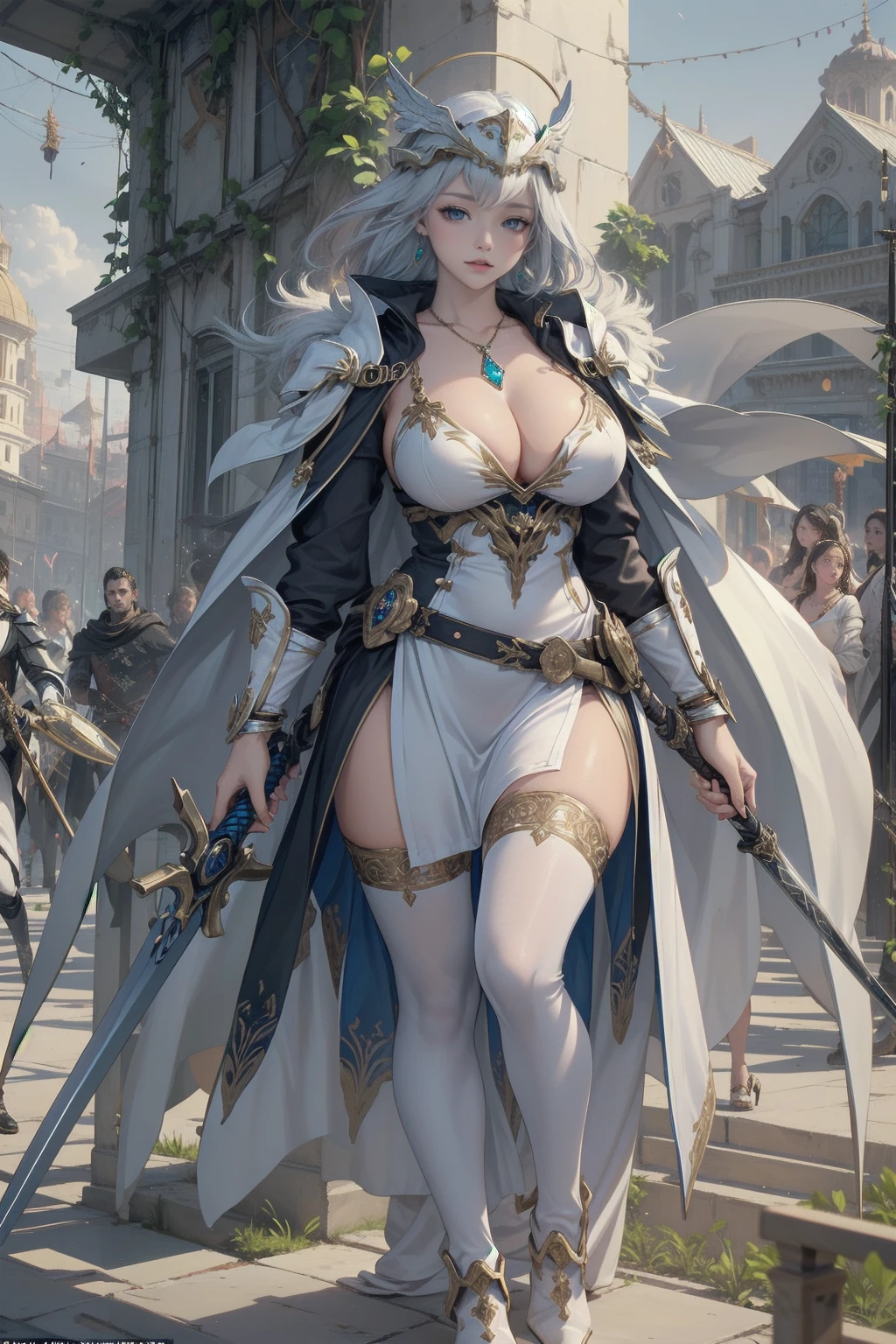 One young and beautiful woman,(Highest quality,Extremely detailed depiction,Incredible high resolution,Anatomically accurate depiction,Curvy Legs),(Glowing Skin,Glowing Skin),(A female swordsman with a noble aura),(Blue Armor,Blue Boots,Metal embroidery,Transparent gemstones and precious metals decoration,Exquisite armor detailing,Holy sword,Valkyrie Helmet,Cape,White tights),(blue eyes,Half-closed eyes:1.3,Shadowed face,lipstick,There is cleavage in the chest,Cool look),eyelash,Luxury Accessories,Earrings,necklace,bracelet,Standing posture