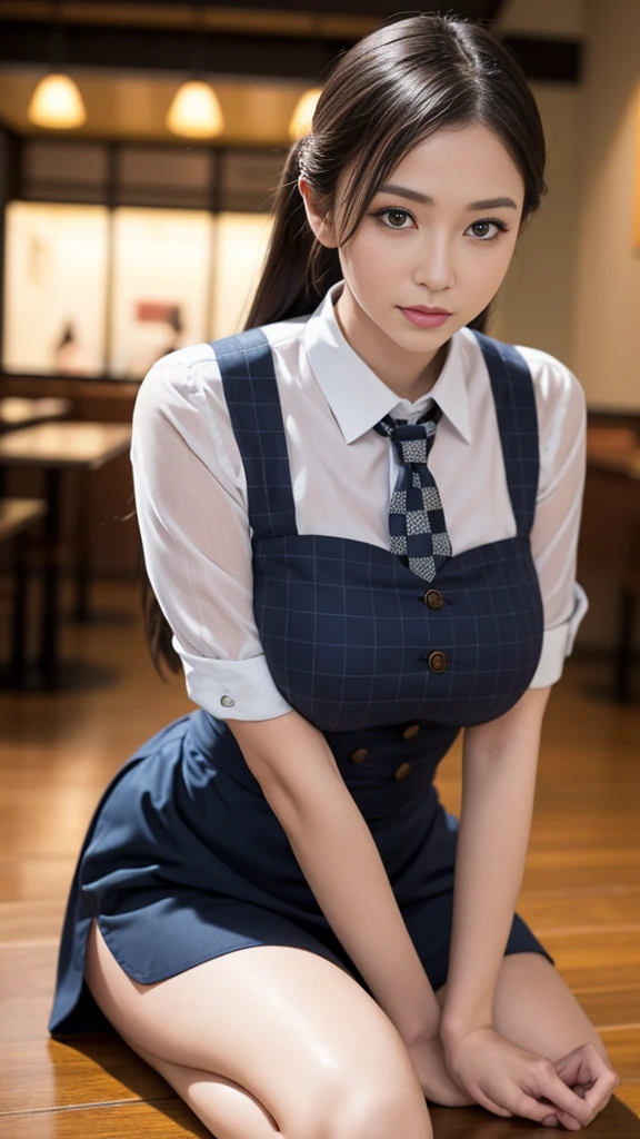 waitress、waitress、waitressだよ❗️(8k, RAW Photos, 最high quality, masterpiece: 1.2), (Realistic, photoRealistic: 1.37), 1 歩道に立っているwaitressのを着た女性, ,Ultra Mini Skirt、 Professional Lighting, Photon Mapping, ,、Simple clothes、 Ultra compact uniform、,At a popular restaurant， 胸がbig、Incredibly beautiful face、masterpiece, 最high quality, high quality, High resolution, big , (Face close-up),working at a restaurant、Carrying tableware、Hair is tied、Updo、Playmate proportions、エロスwaitress、Please tie your hair tightly、expose as much skin as possible、、The ultimate revealing outfit、Slicked back hair、Infinite Strip、Slicked back hair、oh、Nipple poking stimulation、Tingling nipples、Anal feels good、Checked Clothing,Checkered Mode、