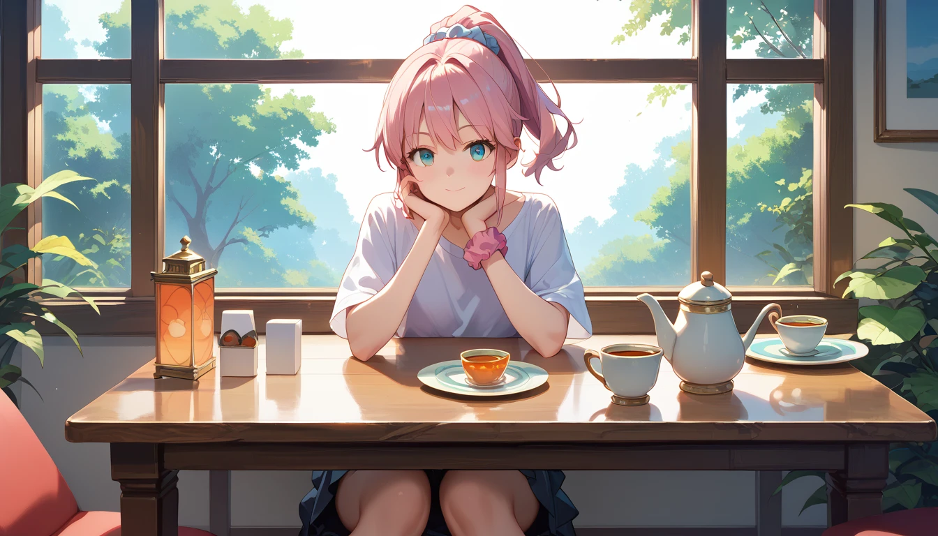 score_9, score_8_up, score_7_up, source_anime, masterpiece, best quality, very aesthetic, uncensored, 1girl, cute face, messy voluminous ponytail with pink scrunchie, sitting at table, tea-room, glass of juice, alone, eyes looking out the window