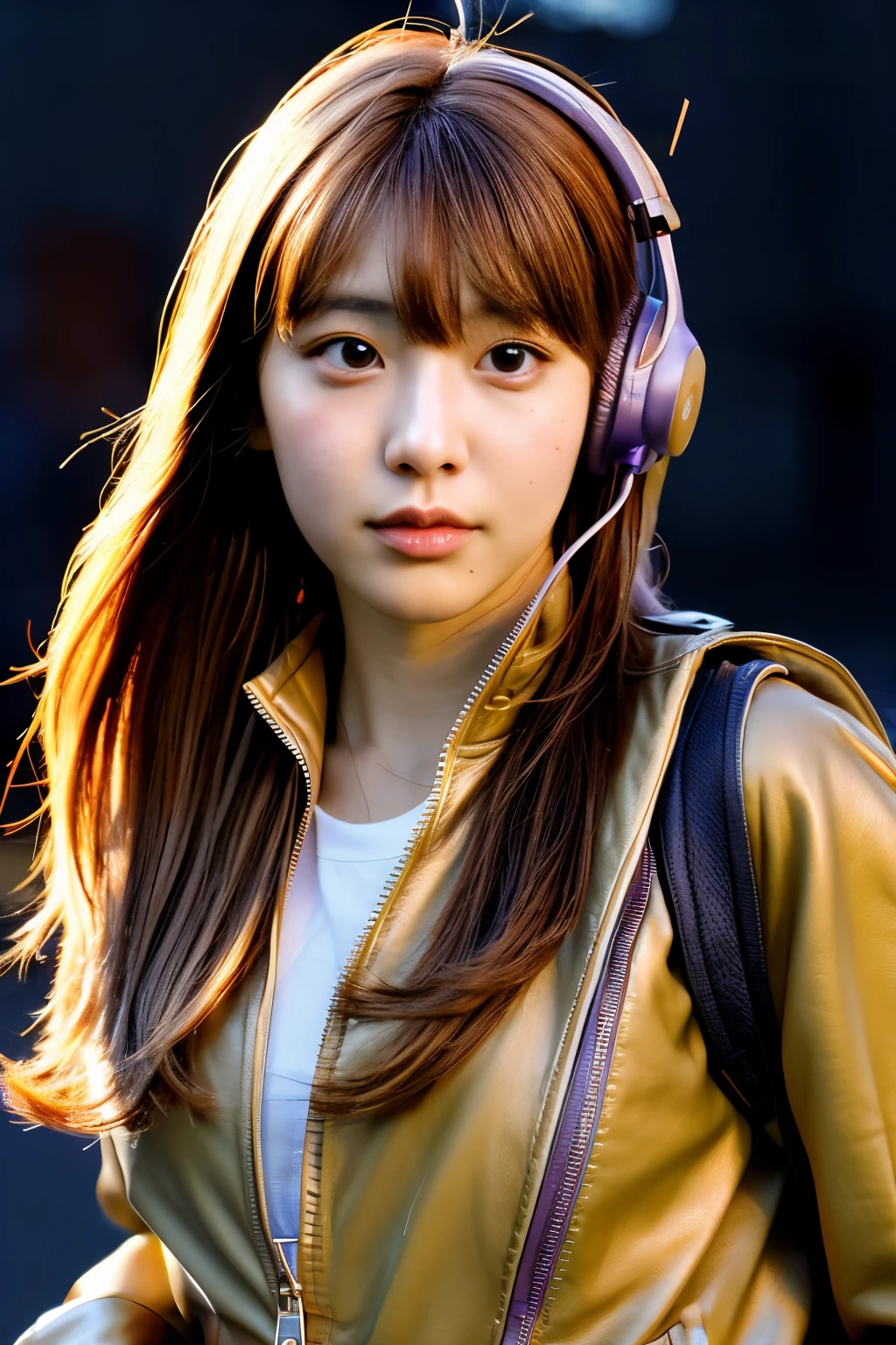 (front view:1.4), close-up portrait, (1girl:1.5) looking to the camera, 30 year old, weight 60kg body size, solo, headphones on her neck, orange army spacesuit, bangs, brown(long hair:1.2), bag, blurry_background, purple neon light, backpack, zipper, urban techwear, outfit,