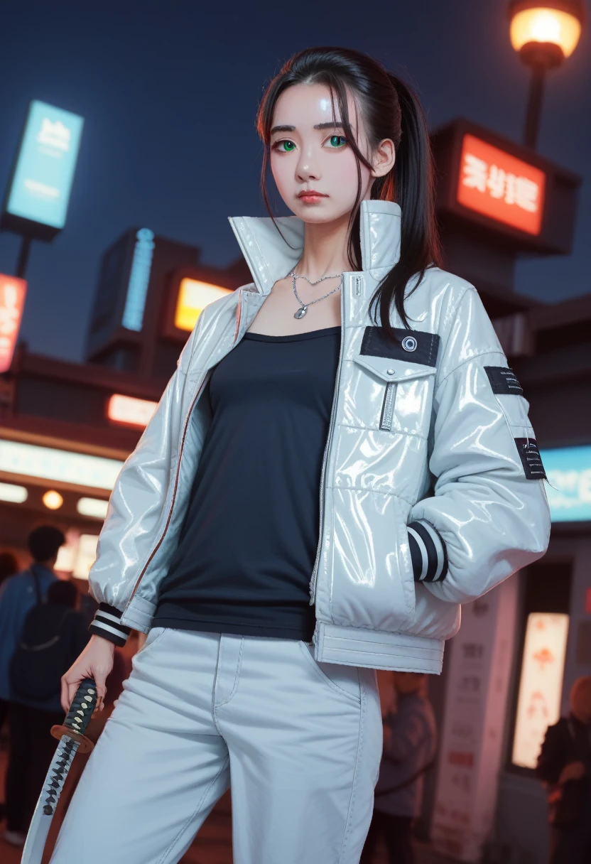(masterpiece, best quality, 8K, Clear focus, Depth of Field, Best shadow, Perfect lighting, HDR, Realistic skin texture, Ultra detailed background), Anime style, Long angle shot, ((Cyberpunk theme)), Solitary, 1 female, She is a mercenary, (Green Eyes, White skin, Black Hair，Ponytail, Necklace, Small Breasts, Slim, cosmetic, Eyeliner, luster), She is working on a future city in South Korea, Hold the Tech-katana firmly, night, Sky, Waning Moon, Wearing a nice tech jacket and leather pants.