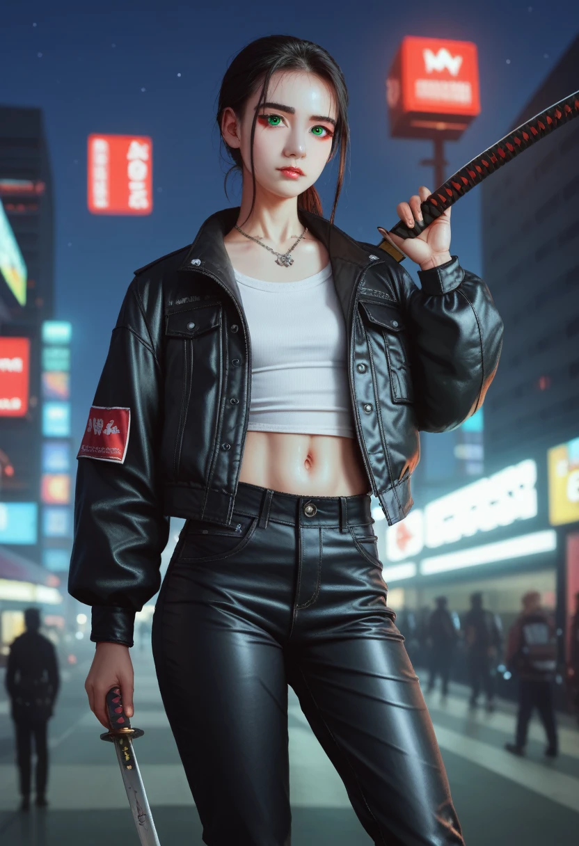 (masterpiece, best quality, 8K, Clear focus, Depth of Field, Best shadow, Perfect lighting, HDR, Realistic skin texture, Ultra detailed background), Anime style, Long angle shot, ((Cyberpunk theme)), Solitary, 1 female, She is a mercenary, (Green Eyes, White skin, Black Hair,Ponytail, Necklace, Small Breasts, Slim, cosmetic, Eyeliner, luster), She is working on a future city in South Korea, Hold the Tech-katana firmly, night, Sky, Waning Moon, Wearing a nice tech jacket and leather pants.