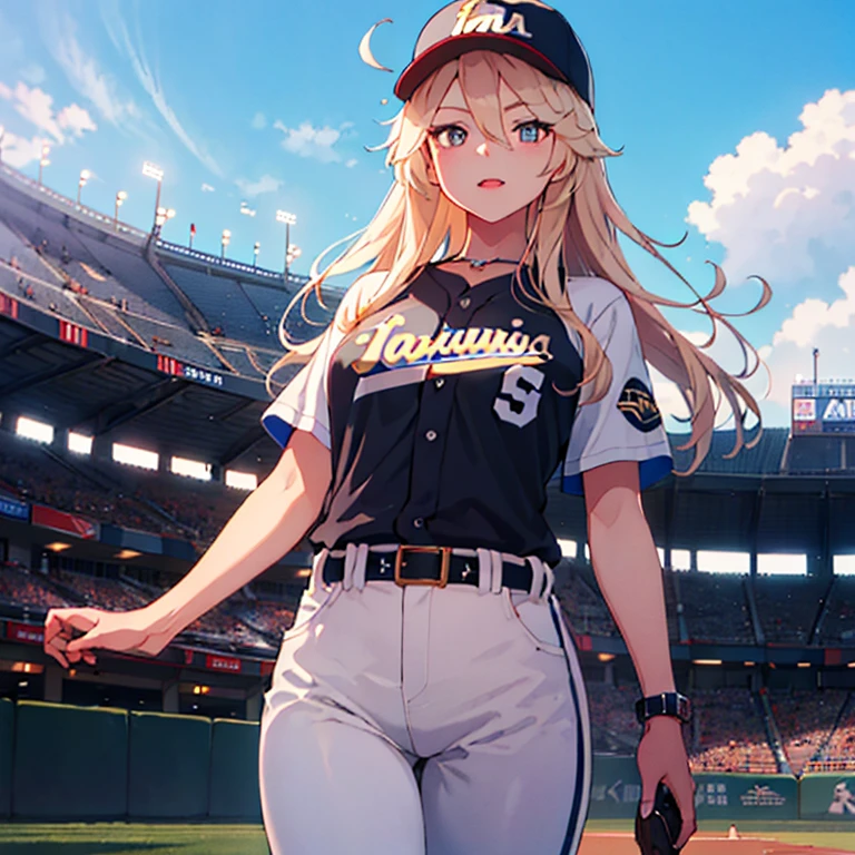 iowa_kantaicollection
,(masterpiece:1.4),(best quality:1.4), (high quality:1.4),(hyper detailed:1.4),(exquisite:1.4), art CG,8K,1girl solo,
play baseball, ,wear baseball uniform,
wear baseball hat, standing, baseball Ground,