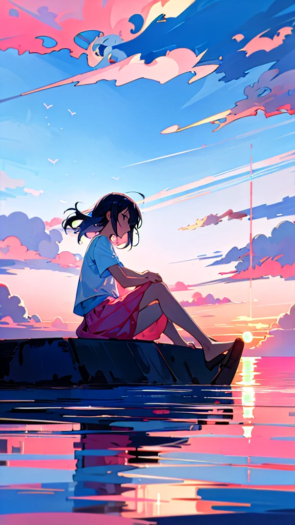 blue sky, One girl, alone, Sitting, Remains, cloud, water, Pink Theme, sunset, water遊び, White Background, Ocean,  that&#39;s it, One girl, Hello, short hair, Single Blade, Seraphim, Rim Light, Green Hair, 