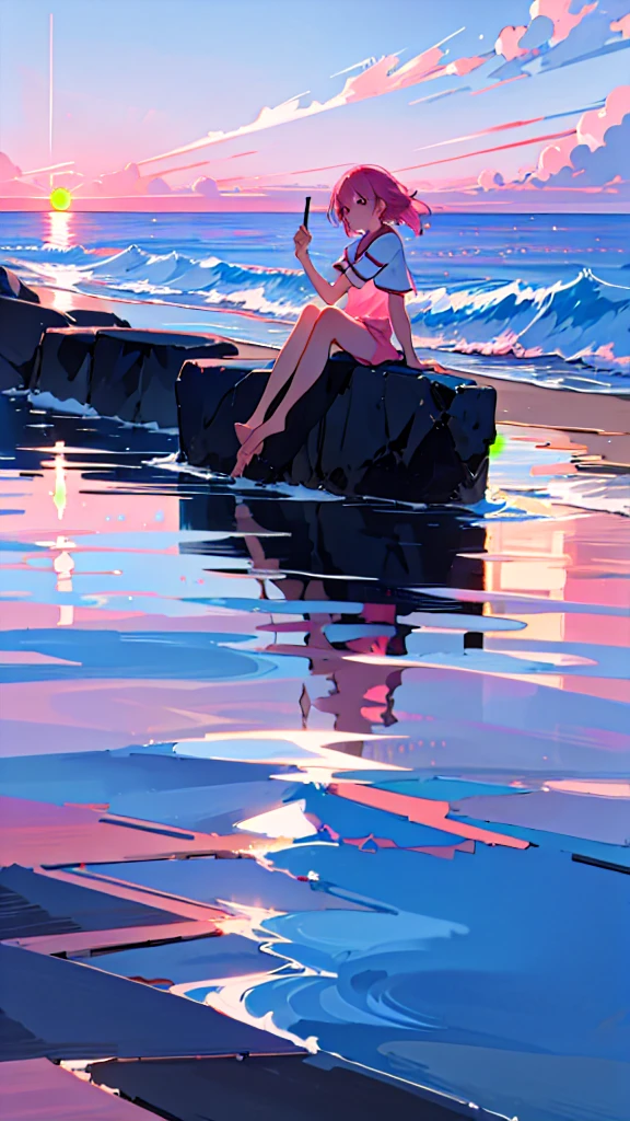 blue sky, One girl, alone, Sitting, Remains, cloud, water, Pink Theme, sunset, water遊び, White Background, Ocean,  that&#39;s it, One girl, Hello, short hair, Single Blade, Seraphim, Rim Light, Green Hair, 