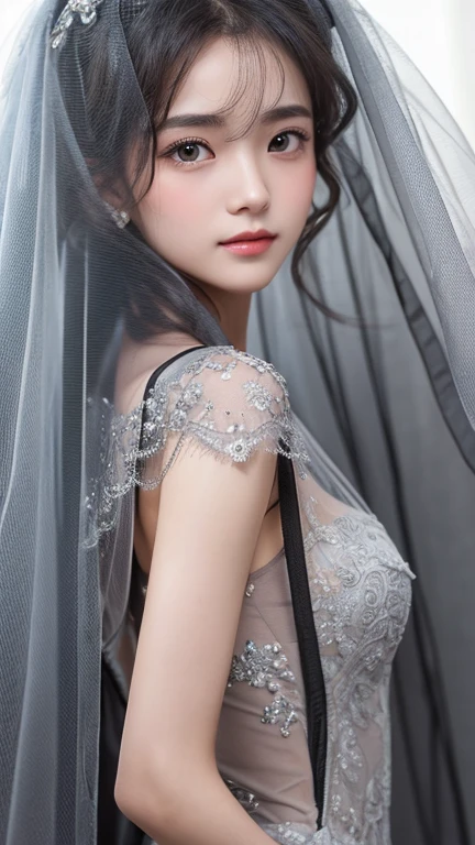 (masterpiece, Highest quality:1.2), One girl, alone,bony body、15 years old、Veil on head, Grey Veil, Gray Hair, Grey White, Gubes&#39;s art style, Arrogant and indifferent girl, Half-squinted, White eyes玉, White eyes, National style, Off-white