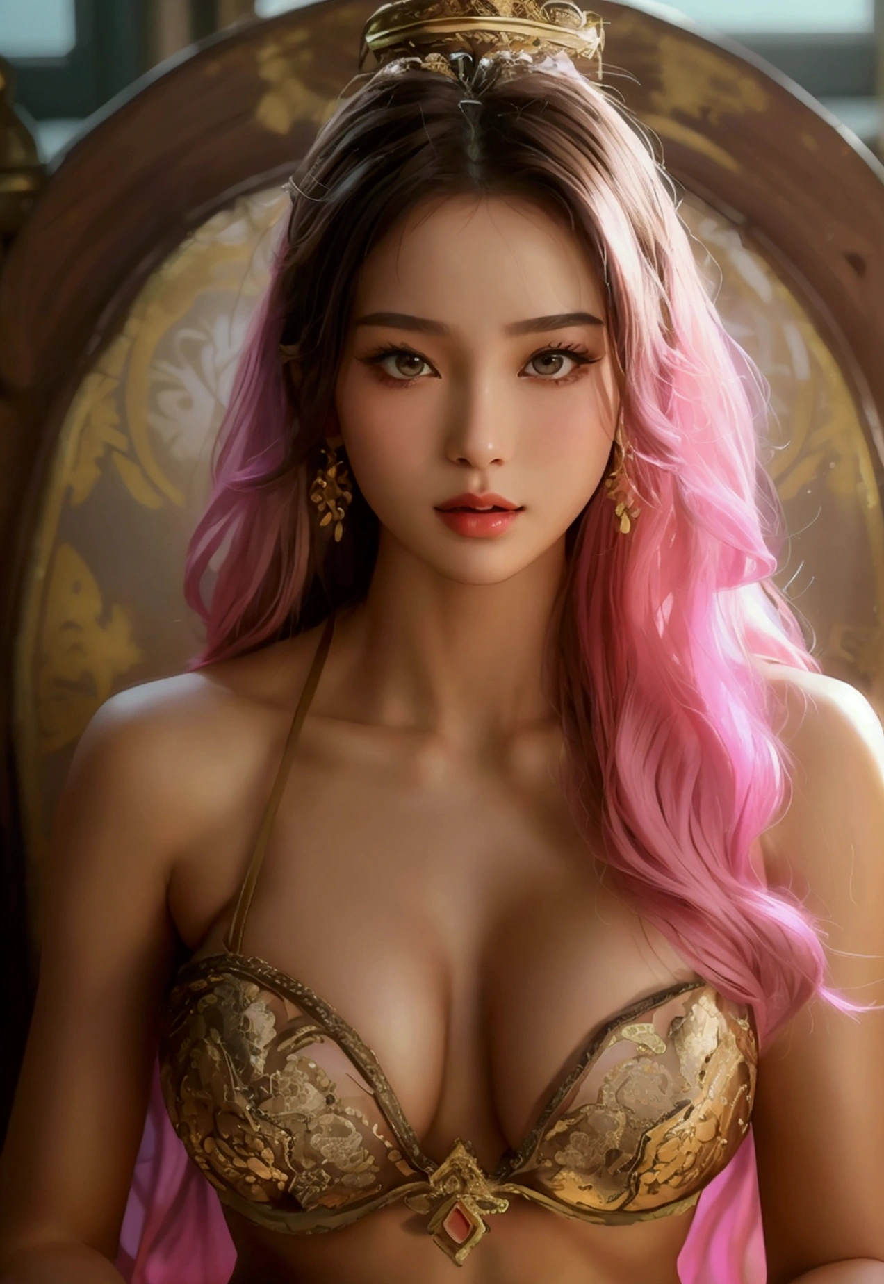 Create an image of a beautiful woman wearing sexy traditional Thai lingerie. She has a slender face, sharp eyes, long hair, an angled face, a high nose, thin lips, a chest size of 32 inches, a waist size of 24 inches, hips size 33 inches, her skin is bright and white. she has brown hair She has pink nipples Her body was slim and muscular like an athlete. And she was sitting with her legs spread open showing her very attractive genitals.