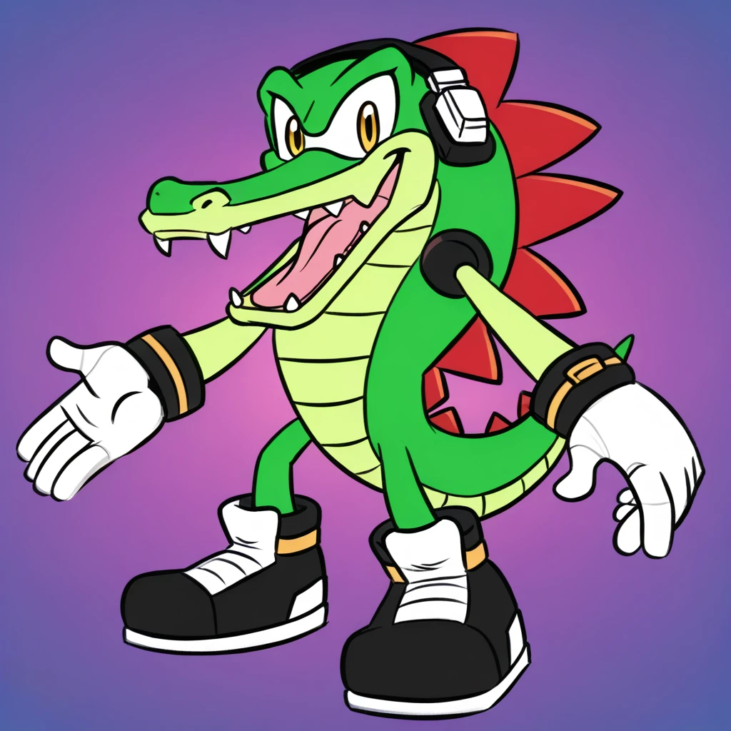 Custom avatar,  vector the alligator character, wearing black shorts, in the cyberspace￼, cgi backround, doing a dyamic pose,