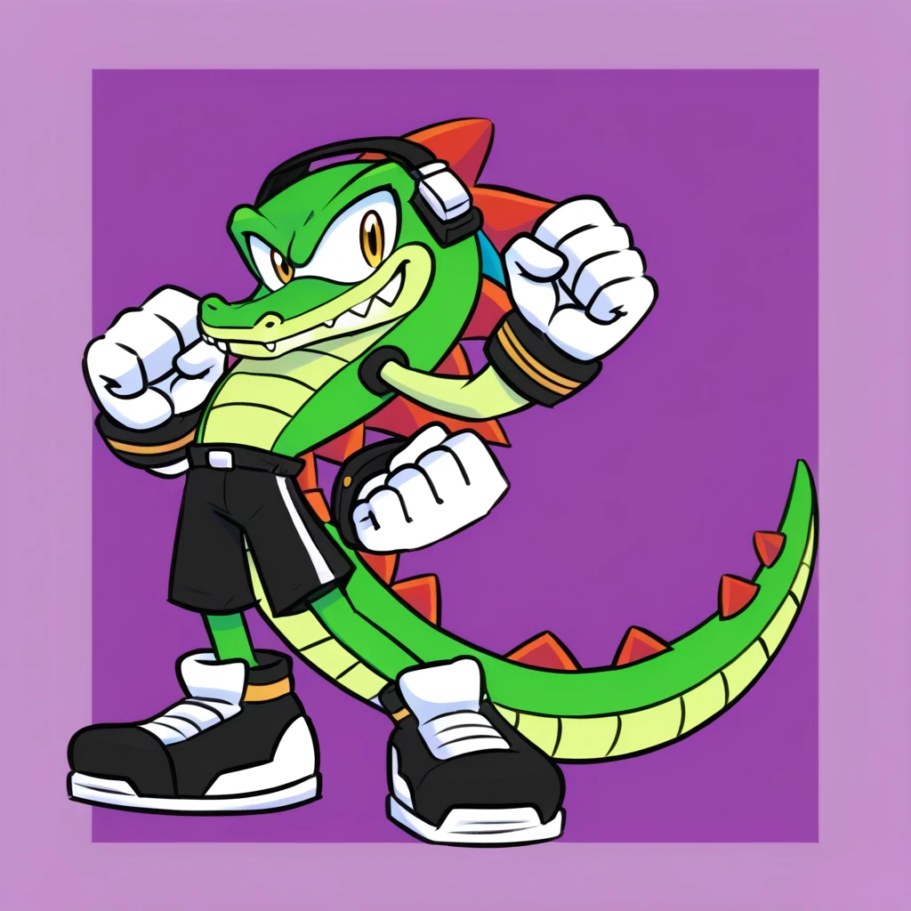 Custom avatar, vector the alligator character, wearing black shorts, in the cyberspace, cgi backround, doing a dyamic pose,