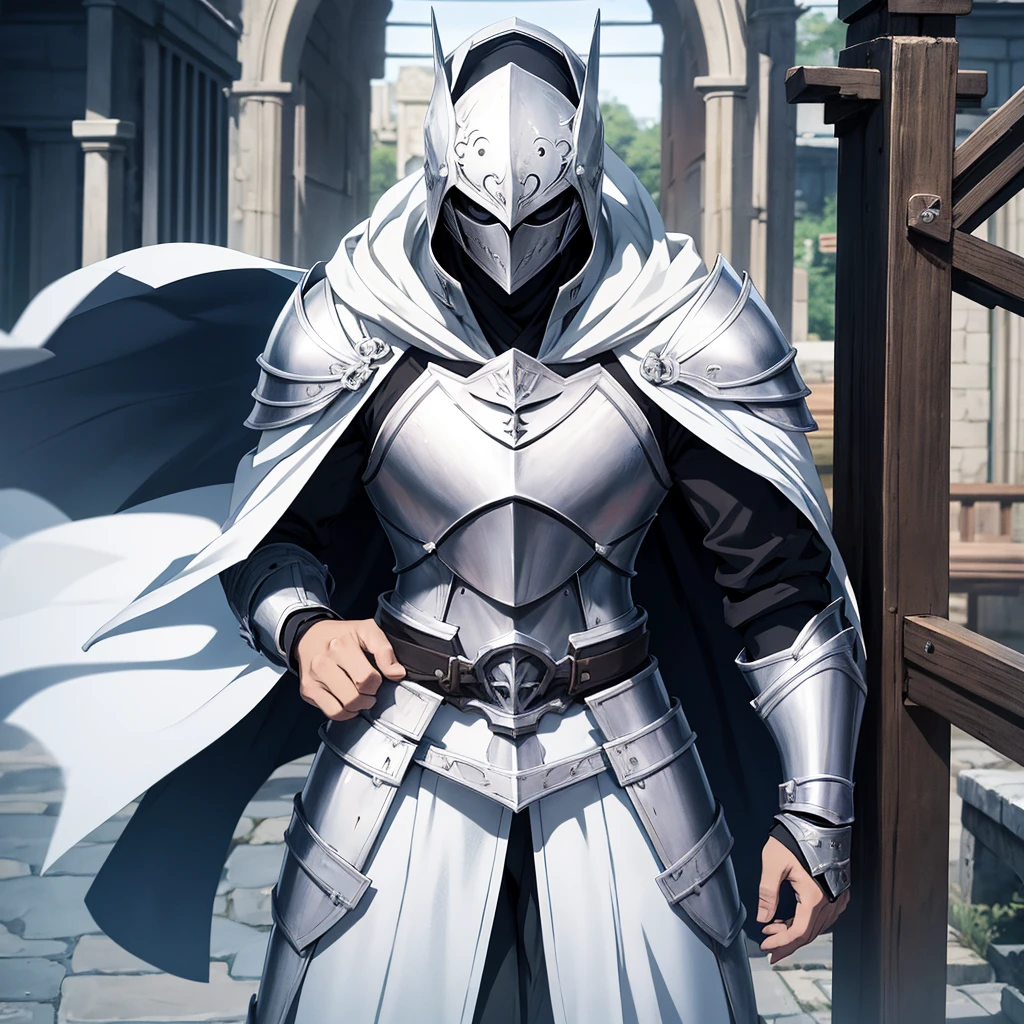 anime style, knight standing near the gate, his armor is white, and the cloak is also white. Face covered with helmet.