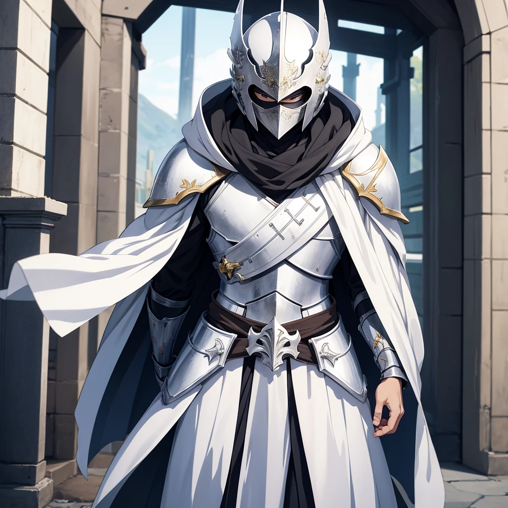 anime style, knight standing near the gate, his armor is white, and the cloak is also white. Face covered with helmet. 