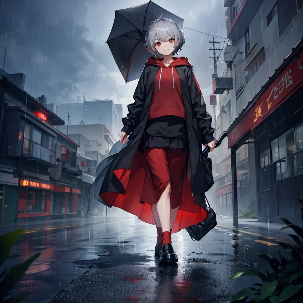 (((((1 person Gray Hair、short hair Black and red outfit、hoodie))))) ((((High resolution Use an umbrella Black long skirt loafers)))) (((smile Red eyes))) ((in the rain、It rains、rainy season Blowing in the Wind Low - Angle)) (Shining Background Shining Edges)