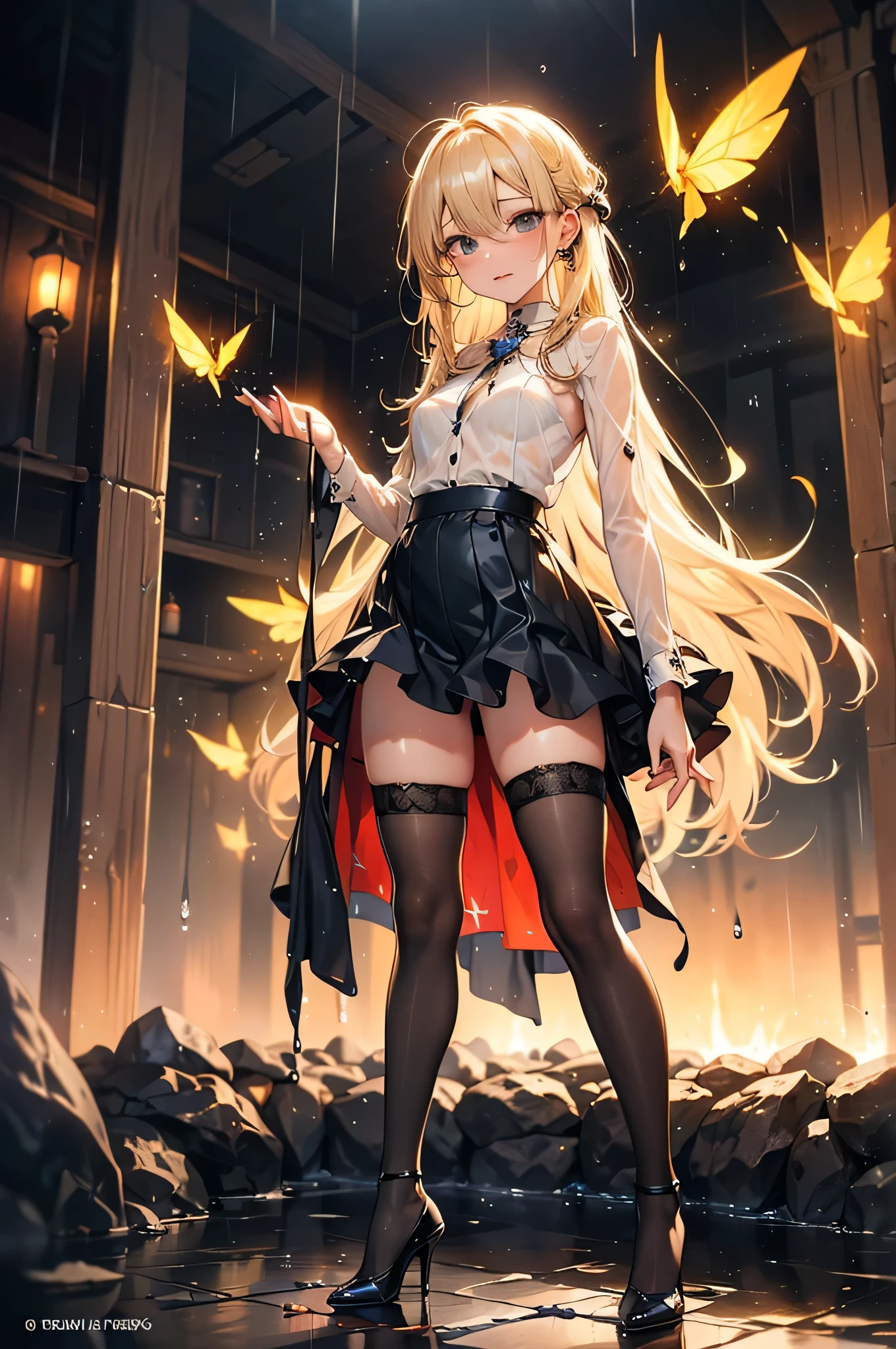 ((Biologically correct limb count)),(( From head to toe,Full-body photo including face)),8k,4K,((Standing position)),masterpiece,((Focus on the face)),((Symmetrical facial features)),Eyes with detailed description,Beautiful woman,Great style,(Small Ass,Thin thighs,(Black Stockings,High heels)),Detailed depiction of the face,(OL,Long Flared Skirt,(rain,Lightning strikes,splashes rise),((Blonde)),Focus on the face,Dripping Water,Fantasy,(See-through clothing),Fluttering skirt