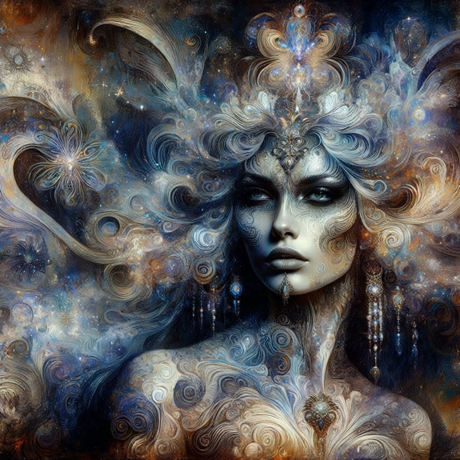 a painting of a woman with a very large head and a very long hair, karol bak uhd, intricate oil painting artwork, elaborate digital art, fantasy woman, portrait of a cosmic goddess, inspired by Karol Bak, beautiful fantasy art portrait, goddess. extremely high detail, intricate fantasy painting, a stunning portrait of a goddess, fantasy portrait art, beautiful fantasy portrait