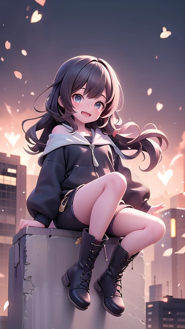 (Masterpiece), 1 woman, French twist, Asymmetrical edges, coral eyes, micro shorts, Maximum, watch, The front hair is short, equal to the eyebrows., open mouth, smile, look at watcher, Sparks,long brown hair,black boots,Osaka city background,32K,KHD,