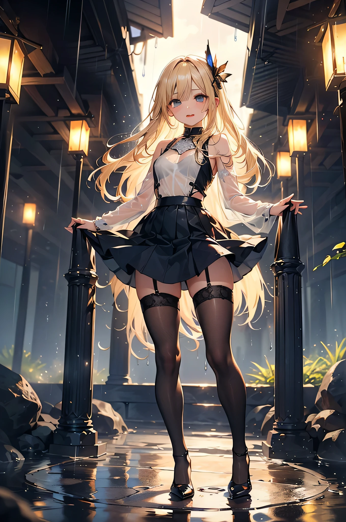 ((Biologically correct limb count)),(( From head to toe,Full-body photo including face)),8k,4K,((Standing position)),masterpiece,((Focus on the face)),((Symmetrical facial features)),Eyes with detailed description,Beautiful woman,Great style,(Small Ass,Thin thighs,(Black Stockings,High heels)),Detailed depiction of the face,(OL,Long Flared Skirt,(rain,Lightning strikes,splashes rise),((Blonde)),Focus on the face,Dripping Water,Fantasy,(See-through clothing),Fluttering skirt