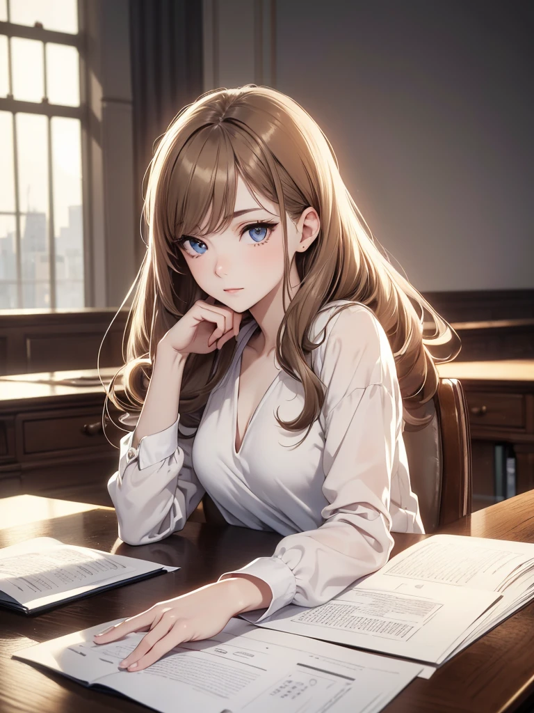 (8K, Best Quality, Masterpiece, Ultra High Resolution) Single Person, 1 Woman, Cute Eyes, Face Details, Pale Skin, Slender, Light Brunette Hair, Long Hair, Hazel Eyes, Elegant Top, Fitted Pants, Sitting at Desk, Estate, Best Quality, Upper Body, Looking at the Viewer, Facing Viewer, Close Up